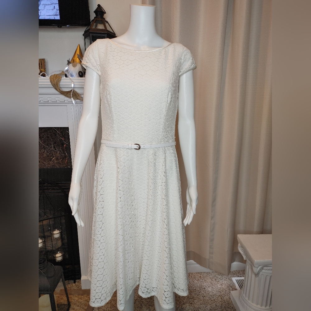 JONES STUDIO Belted Lace Fit & Flare Dress, Ivory 8 - Picture 2 of 9